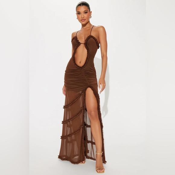 New Sleeveless Cut Out Mesh Maxi Dress in Chocolate Brown Size XS - Picture 6 of 8